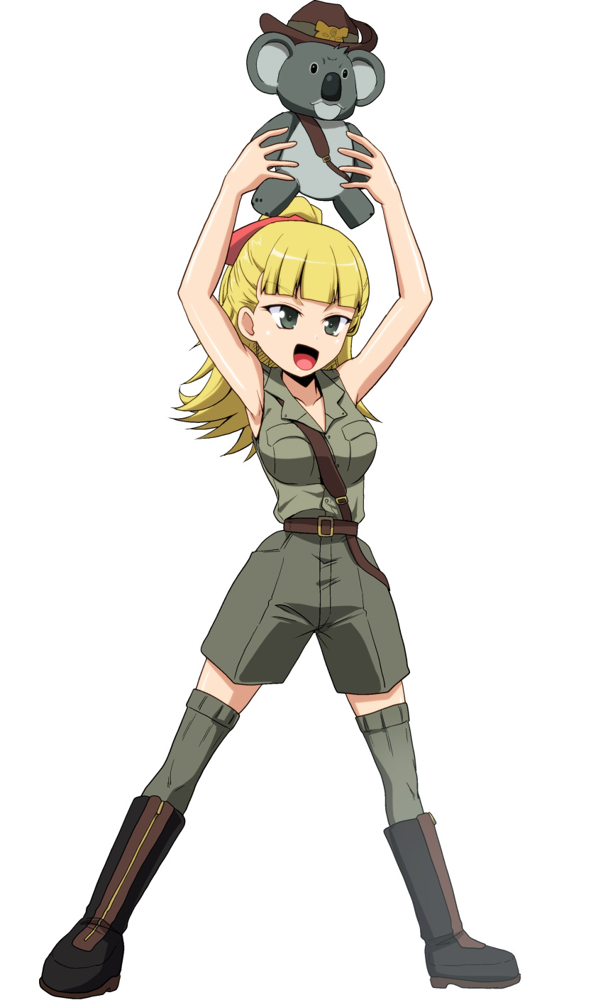 1girl :d absurdres animal armpits arms_up bangs belt black_footwear blonde_hair blunt_bangs boots brown_headwear brown_shirt commentary full_body girls_und_panzer green_eyes green_legwear green_shorts hair_ribbon highres holding holding_animal kamishima_kanon koala koala_forest_military_uniform long_hair looking_to_the_side open_mouth ponytail red_ribbon ribbon sam_browne_belt shirt shorts simple_background sleeveless sleeveless_shirt slouch_hat smile solo standing thigh-highs v-shaped_eyebrows wallaby_(girls_und_panzer) white_background zipper