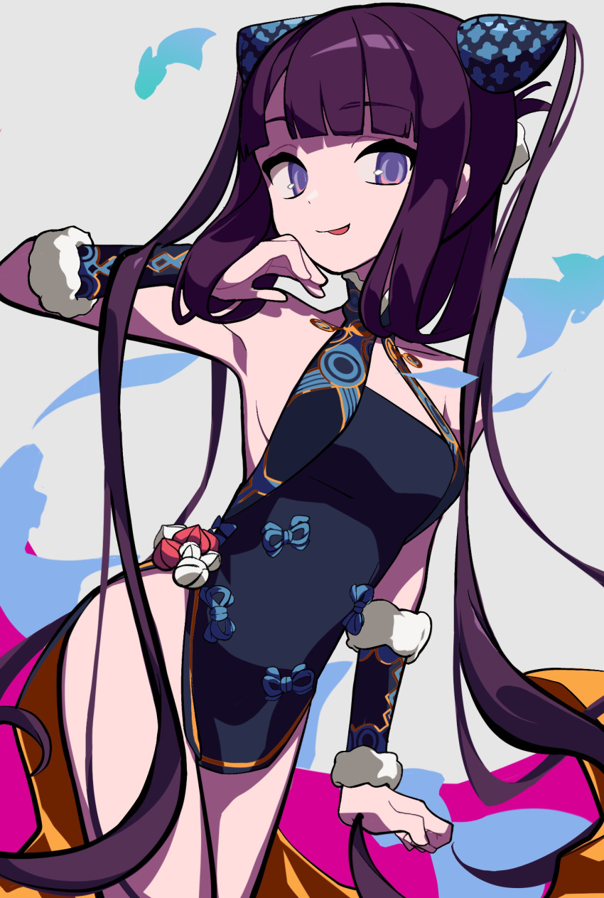 1girl bangs bare_shoulders black_dress blue_eyes blunt_bangs breasts china_dress chinese_clothes detached_sleeves dress fate/grand_order fate_(series) fish hair_ornament highres long_hair looking_at_viewer medium_breasts purple_hair shui side_slit sidelocks smile thighs tongue tongue_out twintails very_long_hair yang_guifei_(fate/grand_order)