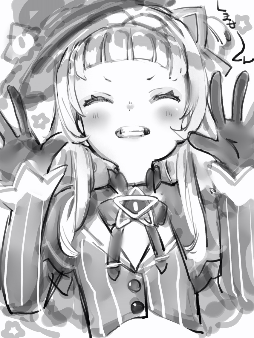 1girl bangs blunt_bangs blush facing_viewer gloves greyscale hands_up hat highres hololive long_hair monochrome murasaki_shion nanashi_(nlo) smile solo upper_body vest