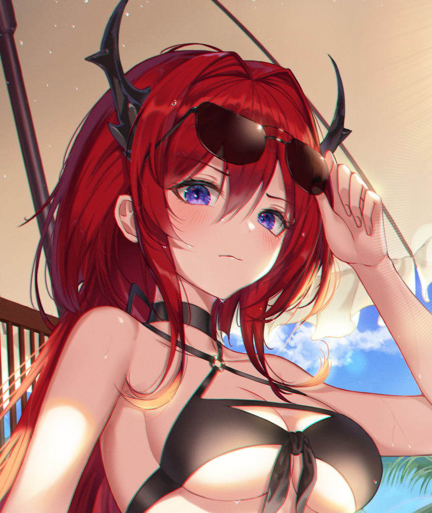 1girl adjusting_eyewear arknights bangs beach beach_chair beach_umbrella bikini black_bikini blue_sky breasts clouds coconut_tree collarbone day eyewear_on_head fall_(aki) front-tie_bikini front-tie_top hair_between_eyes hair_intakes highres horns large_breasts long_hair looking_at_viewer outdoors palm_tree redhead sidelocks sitting sky solo sunglasses surtr_(arknights) swimsuit tree umbrella violet_eyes