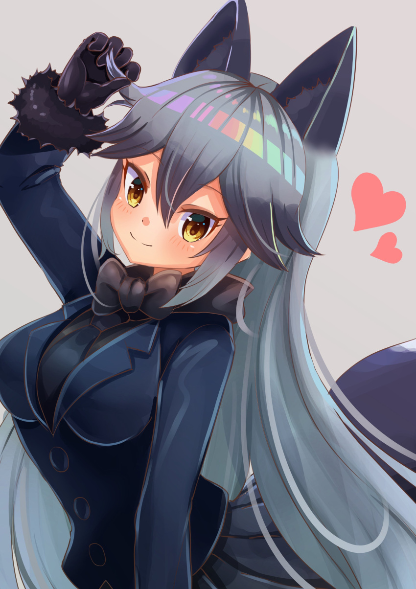 1girl absurdres animal_ear_fluff animal_ears black_gloves blue_jacket blush breasts dragon_star2 eyebrows_visible_through_hair fox_ears fox_girl fox_tail fur-trimmed_sleeves fur_trim gloves grey_background hand_in_hair heart highres jacket kemono_friends large_breasts looking_at_viewer silver_fox_(kemono_friends) silver_hair simple_background smile solo tail yellow_eyes
