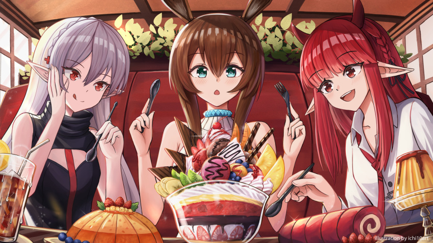 3girls :d :q amiya_(arknights) animal_ears arknights bangs bare_arms bare_shoulders blue_eyes bowl braid brown_hair cake commentary crown_braid cup drinking_glass drinking_straw eyebrows_visible_through_hair food fork hair_between_eyes hands_up highres holding holding_fork holding_spoon horns ichi10art indoors jewelry long_hair multiple_girls neck_ring open_mouth pointy_ears pudding rabbit_ears red_eyes red_neckwear redhead shirt silver_hair sleeveless smile spoon swiss_roll tongue tongue_out upper_body vigna_(arknights) warfarin_(arknights) white_shirt