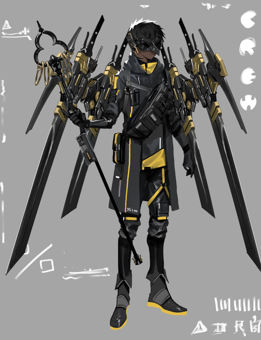 1boy black_eyes black_gloves black_hair boots dark_skin gloves grey_background highres holding holding_staff isida_segu looking_ahead male_focus mask mecha_danshi open_hand original science_fiction sheath sheathed staff sword thigh_strap weapon