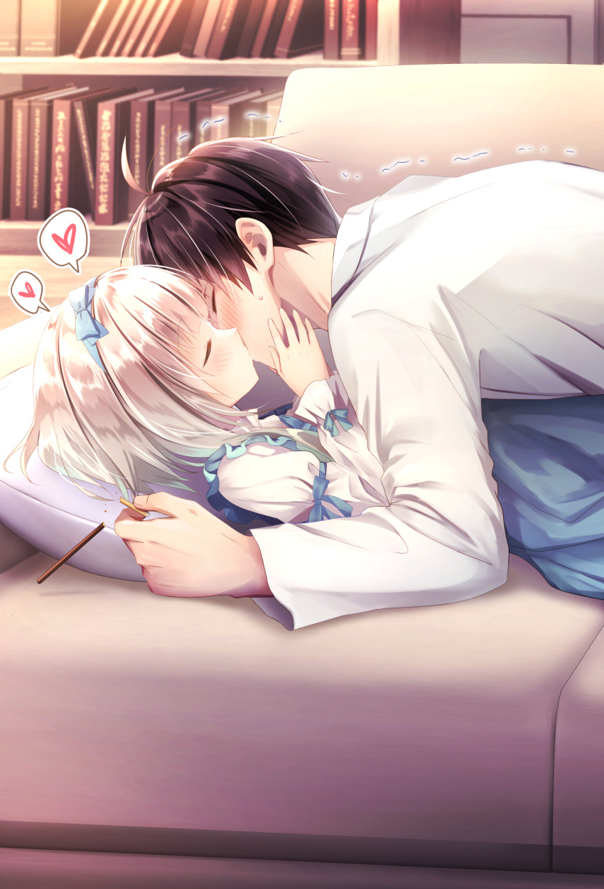 1boy 1girl ahoge black_hair blonde_hair blue_bow blue_skirt book bookshelf bow closed_eyes couch day food hair_bow heart hetero highres indoors kiss long_sleeves lying on_back original pillow pocky pocky_day shirt short_hair skirt spoken_heart white_shirt yomogi_komegura