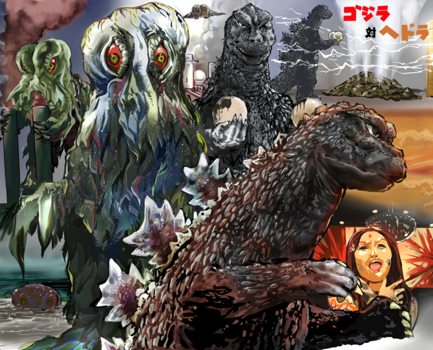 1girl black_hair character_request city commentary_request destruction facial_mark godzilla godzilla_(series) hand_up hedorah kaijuu kamisimo_90 lightning monster ocean open_mouth outdoors red_eyes sky smoke upper_teeth water