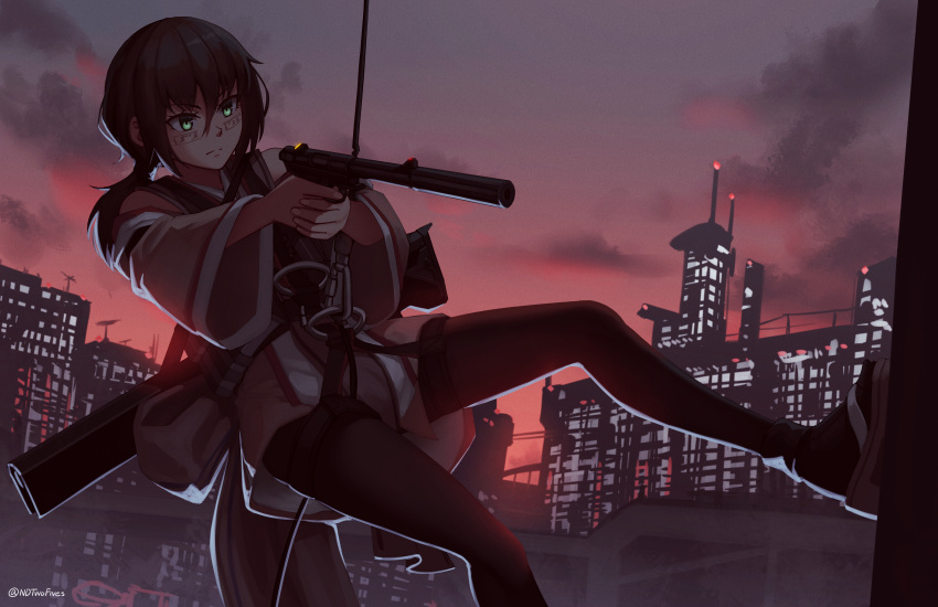 1girl bangs black_hair black_legwear brown_footwear brown_kimono building closed_mouth clouds commentary english_commentary eyebrows_visible_through_hair facial_mark green_eyes gun hair_between_eyes handgun highres holding holding_gun holding_weapon japanese_clothes kimono long_hair long_sleeves low_ponytail ndtwofives original outdoors pantyhose pistol ponytail rappelling short_kimono sidelocks sky skyscraper socks socks_over_pantyhose solo sunset suppressor weapon weapon_request wide_sleeves