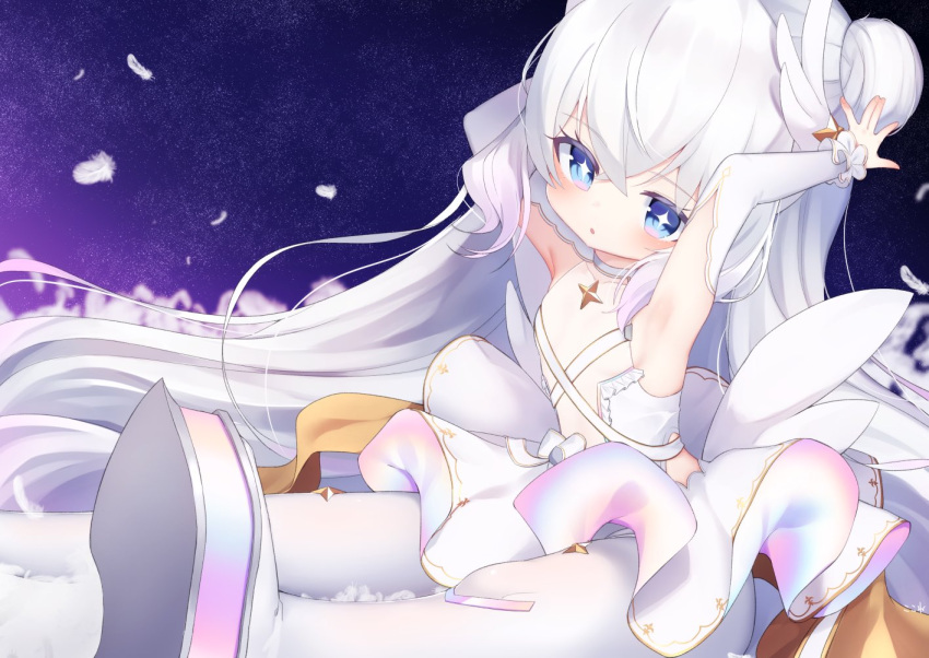 +_+ 1girl armpits arms_up azur_lane bangs bare_shoulders blue_eyes commentary_request detached_sleeves double_bun dress eyebrows_visible_through_hair feathers hair_between_eyes kokone_(coconeeeco) le_malin_(azur_lane) long_hair long_sleeves pantyhose shoe_soles shoes sitting sleeveless sleeveless_dress solo very_long_hair white_dress white_feathers white_footwear white_hair white_legwear white_sleeves wing_hair_ornament
