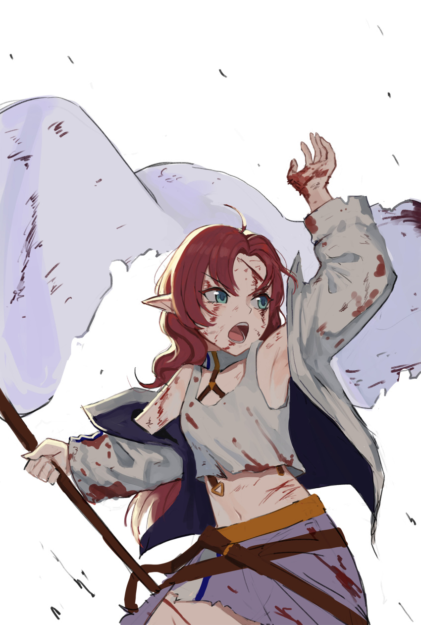 1girl ahoge arknights arm_up bangs banner blood blood_on_face bloody_clothes blue_eyes breasts cowboy_shot cropped_shirt flag highres holding holding_flag jacket jason_kim korean_commentary long_hair midriff myrtle_(arknights) navel open_clothes open_jacket open_mouth parted_bangs pointy_ears purple_skirt redhead simple_background skirt small_breasts solo tank_top white_background white_jacket white_tank_top