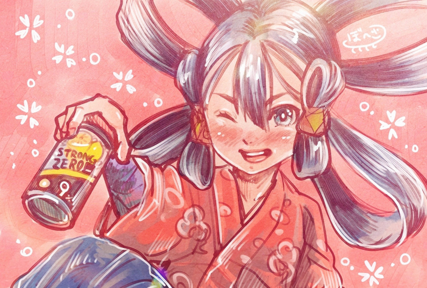 1girl alcohol black_eyes black_hair blush bohe can commentary_request hair_between_eyes hair_rings hair_tubes highres holding holding_can japanese_clothes kimono long_hair long_sleeves looking_at_viewer nose_blush one_eye_closed open_mouth pink_background sakuna-hime signature smile solo strong_zero tensui_no_sakuna-hime