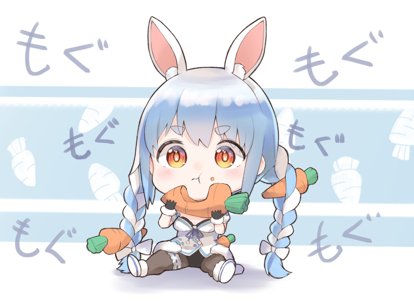1girl :t animal_ear_fluff animal_ears bangs black_gloves blue_hair blush braid breasts carrot carrot_hair_ornament chibi closed_mouth coat commentary_request eating extra_ears eyebrows_visible_through_hair food food_on_face food_themed_hair_ornament gloves hair_ornament highres holding holding_food hololive long_braid long_hair looking_at_viewer multicolored_hair open_mouth pantyhose rabbit_ears rabbit_girl sitting solo thick_eyebrows translation_request twin_braids two-tone_hair usada_pekora virtual_youtuber white_coat white_hair yumoto_motoyu
