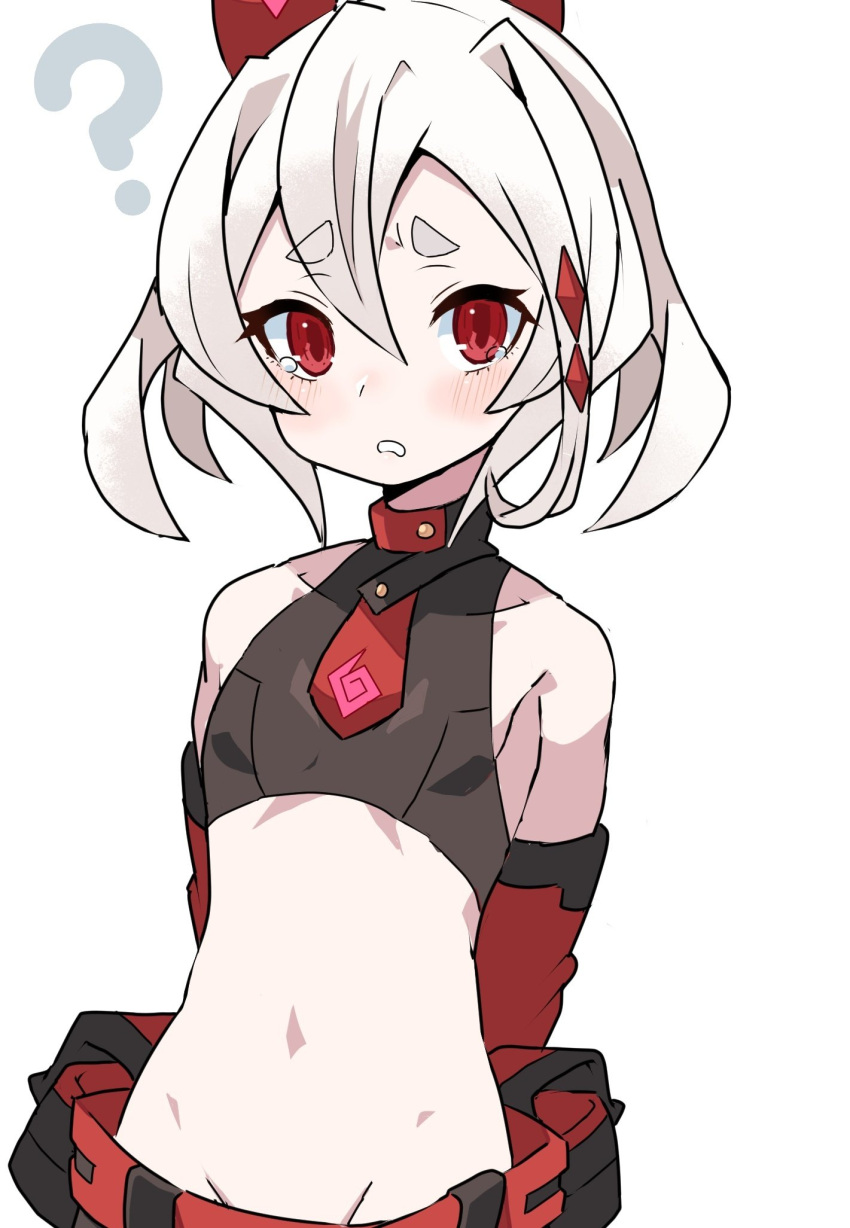 1girl ? arms_behind_back bad_id bad_twitter_id bare_shoulders blush detached_sleeves hair_between_eyes highres inukaze_yamu looking_at_viewer medium_hair original parted_lips red_eyes short_hair simple_background solo tears white_background white_hair
