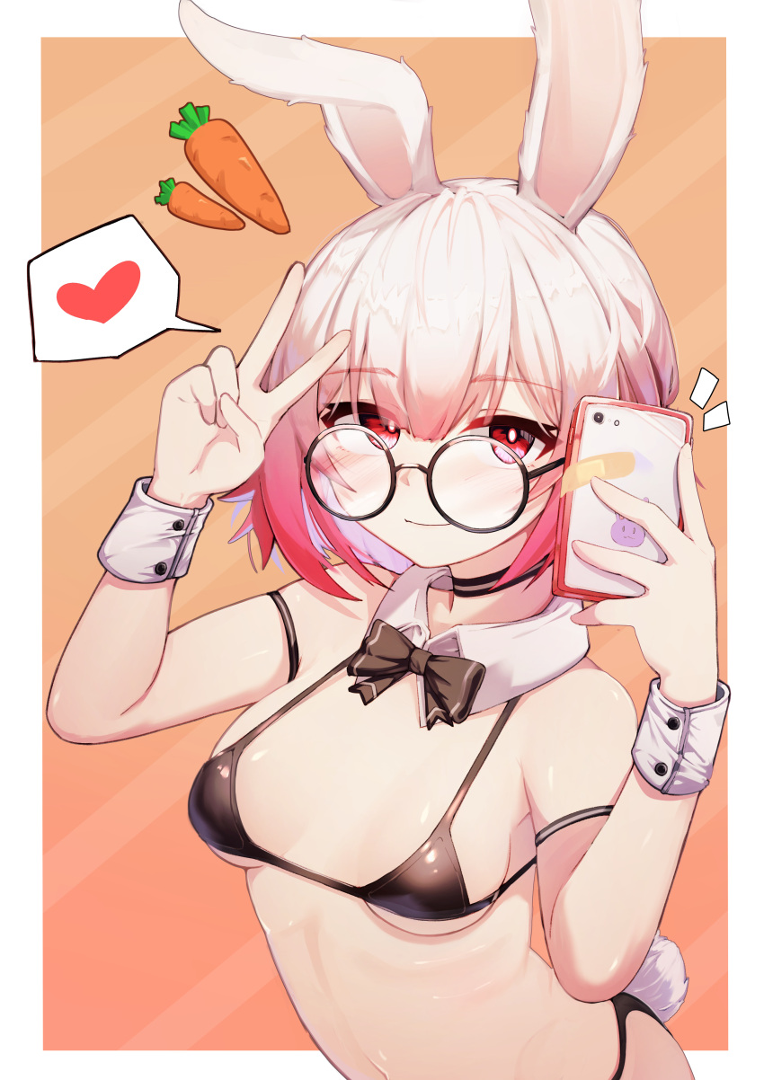1girl 5danny1206 absurdres animal_ears arched_back arm_strap bare_shoulders bikini black-framed_eyewear black_bikini black_choker bow bowtie breasts bunny_girl bunny_tail carrot cellphone choker detached_collar glasses hands_up heart highres holding holding_phone looking_at_viewer looking_over_eyewear micro_bikini navel notice_lines original phone pink_hair rabbit_ears red_eyes round_eyewear short_hair small_breasts smartphone smile solo spoken_heart stomach string_bikini swimsuit tail two-tone_background upper_body v wrist_cuffs