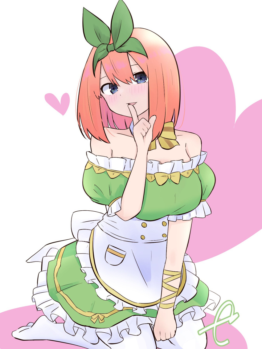 1girl apron bangs bare_shoulders blue_eyes blush bow breasts brown_bow collar collarbone commentary_request detached_collar dress eyebrows_behind_hair frilled_apron frilled_dress frills go-toubun_no_hanayome green_dress green_ribbon hair_between_eyes hair_ribbon hand_up heart highres index_finger_raised kujou_karasuma looking_at_viewer medium_breasts nakano_yotsuba no_shoes off-shoulder_dress off_shoulder orange_hair pantyhose parted_lips puffy_short_sleeves puffy_sleeves ribbon short_sleeves signature solo striped striped_bow waist_apron white_apron white_background white_collar white_legwear