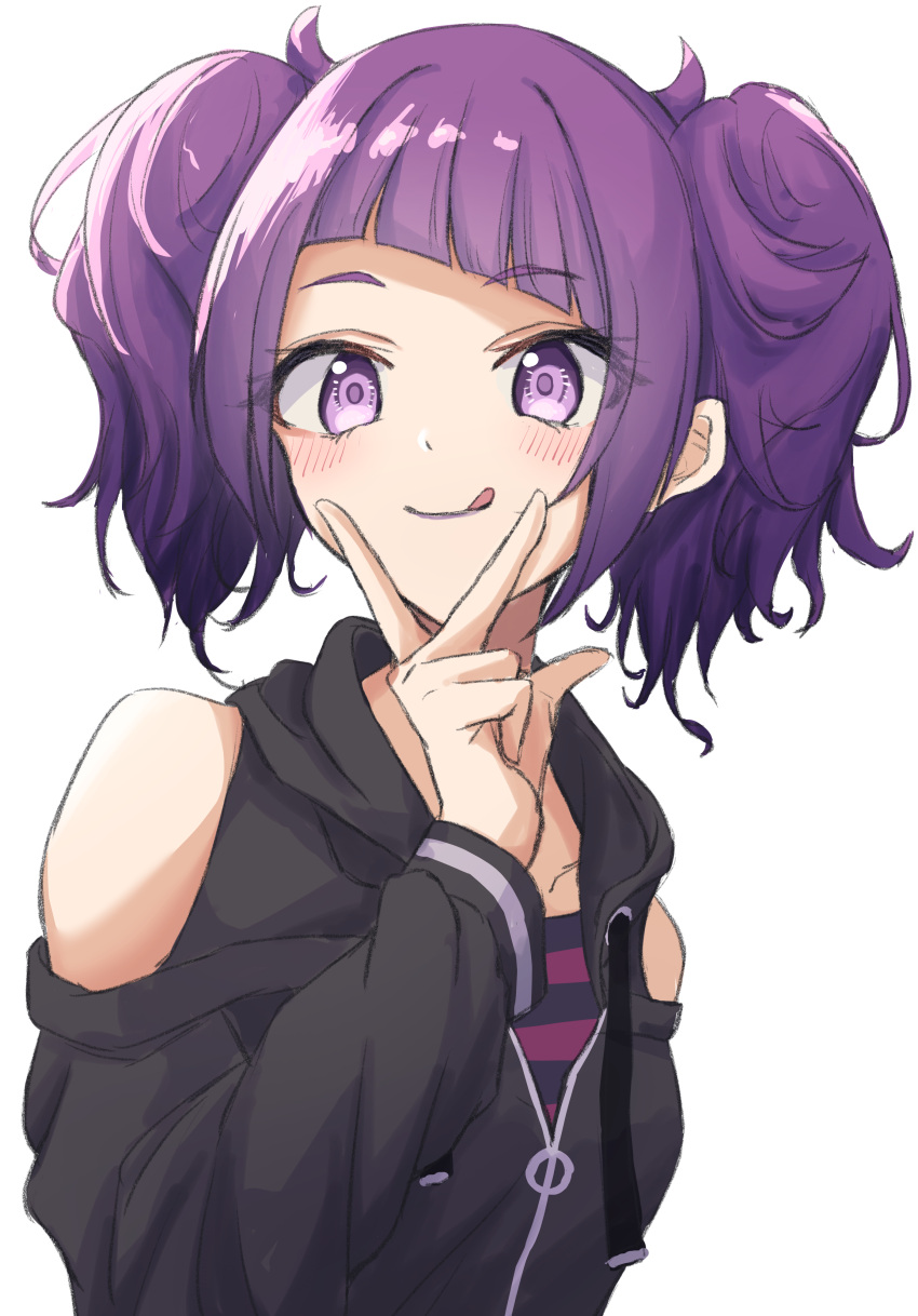 1girl absurdres bangs bare_shoulders clothing_cutout commentary_request diagonal_bangs drawstring highres hood hooded_jacket idolmaster idolmaster_shiny_colors jacket licking_lips long_sleeves looking_at_viewer purple_hair short_hair short_twintails shoulder_cutout solo tanaka_mamimi tomatology3 tongue tongue_out twintails upper_body violet_eyes white_background