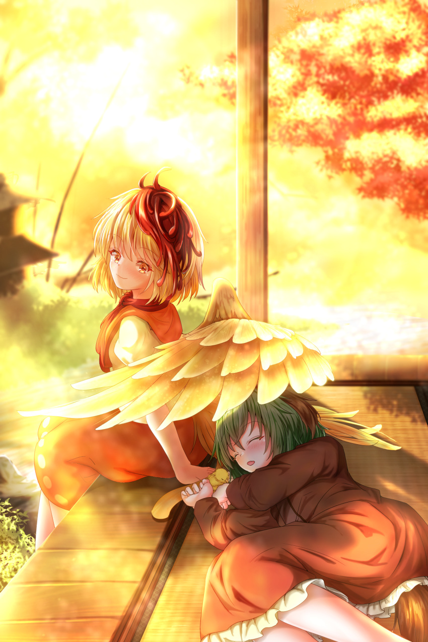 2girls absurdres animal_ears architecture autumn_leaves besuteia bird bird_wings blonde_hair blurry blurry_background blush brown_dress chick commentary_request dress east_asian_architecture feathered_wings green_hair highres kasodani_kyouko long_sleeves looking_at_viewer looking_back lying multicolored_hair multiple_girls niwatari_kutaka on_side open_mouth outdoors puffy_short_sleeves puffy_sleeves redhead short_hair short_sleeves sitting sleeping smile tail tatami touhou twilight two-tone_dress two-tone_hair veranda wings yellow_eyes yellow_sky