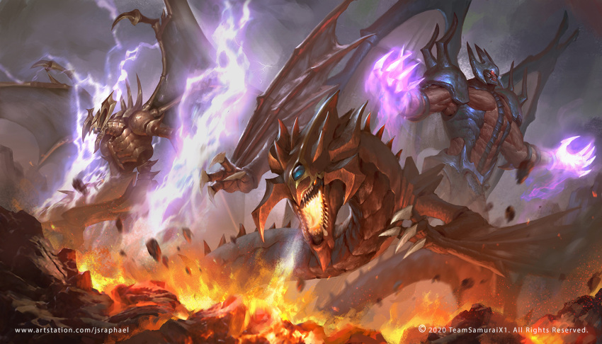 claws demon dragon duel_monster electricity english_commentary fire flame hamon_lord_of_striking_thunder joshua_raphael lightning monster no_humans open_mouth raviel_lord_of_phantasms sharp_teeth sky teeth uria_lord_of_searing_flames watermark web_address wings yu-gi-oh!