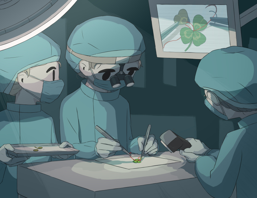 3others absurdres avogado6 binoculars black_eyes brown_hair clover four-leaf_clover highres holding holding_tray jitome labcoat leaf mask microscope mouth_mask multiple_others original pincers surgeon surgery surgical_mask thread tray tying