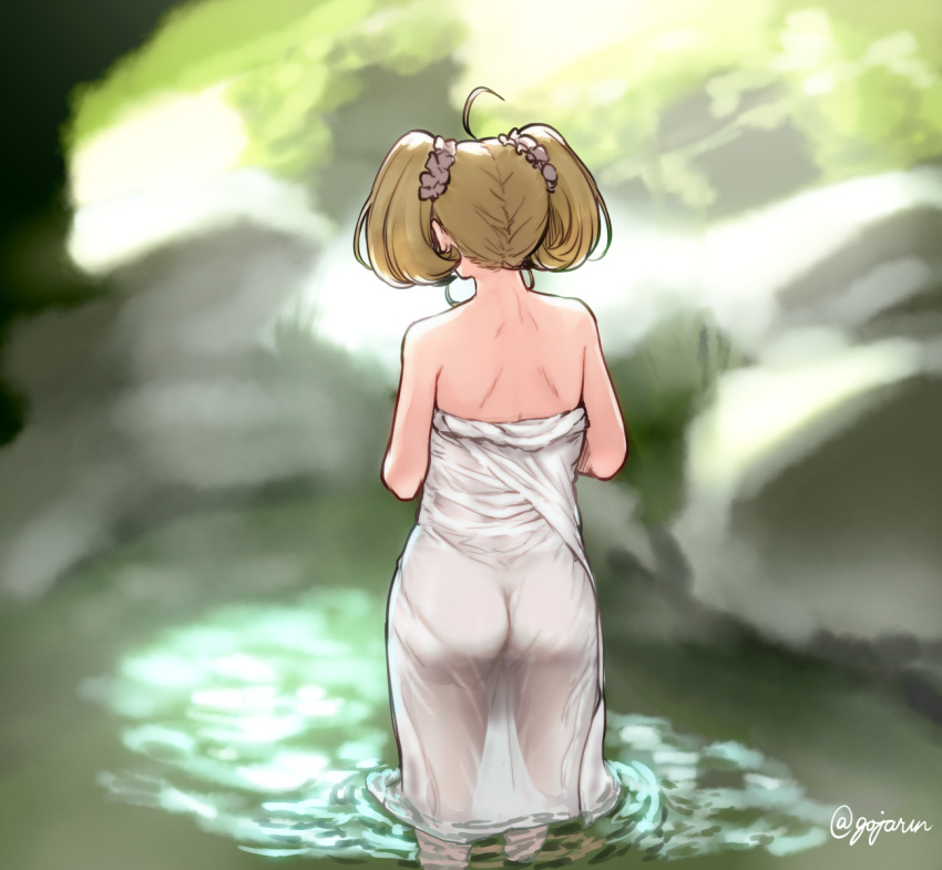 1girl ahoge ass back blonde_hair blurry blurry_background facing_away gojarun highres idolmaster idolmaster_cinderella_girls onsen pantylines satou_shin scrunchie see-through solo towel twintails