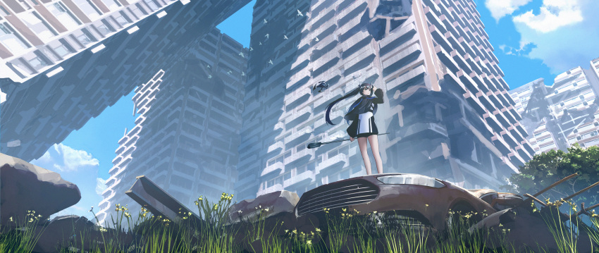 1girl black_hair blue_sky building car collapsed day drone gan-viking grass ground_vehicle highres holding holding_weapon long_hair motor_vehicle nature original ruins scenery sky skyscraper standing tagme weapon wide_sleeves