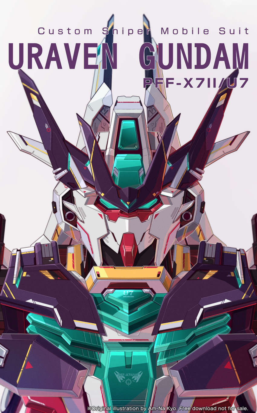 absurdres aqua_eyes artist_name azzalea character_name english_commentary grey_background gundam gundam_build_divers gundam_build_divers_re:rise highres looking_at_viewer mecha no_humans portrait science_fiction solo uraven_gundam v-fin watermark