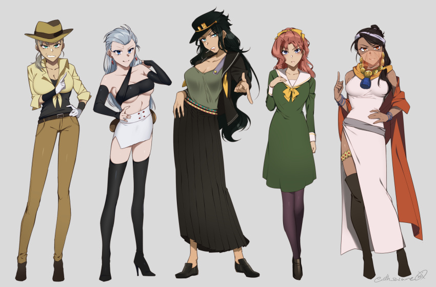 5girls absurdres aqua_eyes black_headwear black_legwear black_skirt black_sleeves blue_eyes breasts brown_eyes brown_pants cigarette detached_sleeves dress earrings genderswap genderswap_(mtf) gloves green_dress grey_hair hat high_heels highres jewelry jojo_no_kimyou_na_bouken joseph_joestar kakyouin_noriaki kuujou_joutarou large_breasts long_hair long_skirt long_sleeves miniskirt mohammed_avdol mouth_veil multiple_girls old old_woman one_suzume pants pleated_skirt rero_rero school_uniform side_slit silver_hair skirt sleeveless sleeveless_dress smoking standing stardust_crusaders white_dress white_gloves white_skirt