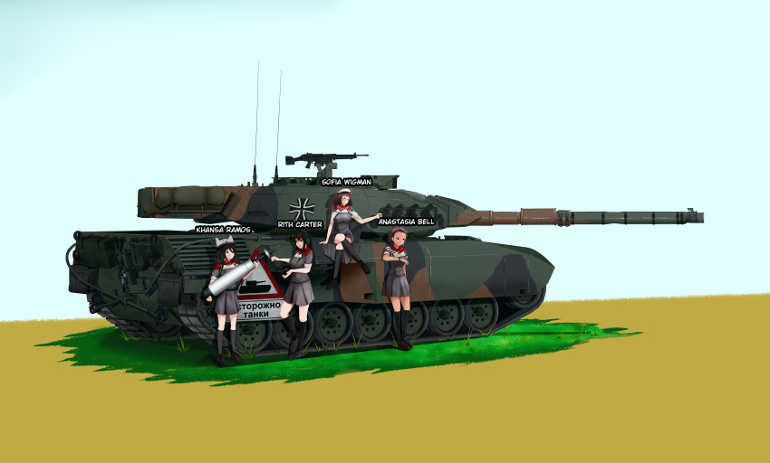 4girls absurdres aqua_eyes black_hair blue_eyes breasts brown_hair cape caterpillar_tracks commentary_request day english_commentary farmuhan glasses grass green_eyes ground_vehicle gun hairband hat highres leopard_1 long_hair machine_gun military military_vehicle motor_vehicle multiple_girls original russian_text short_hair smile tank tank_shell translation_request uniform war_thunder weapon