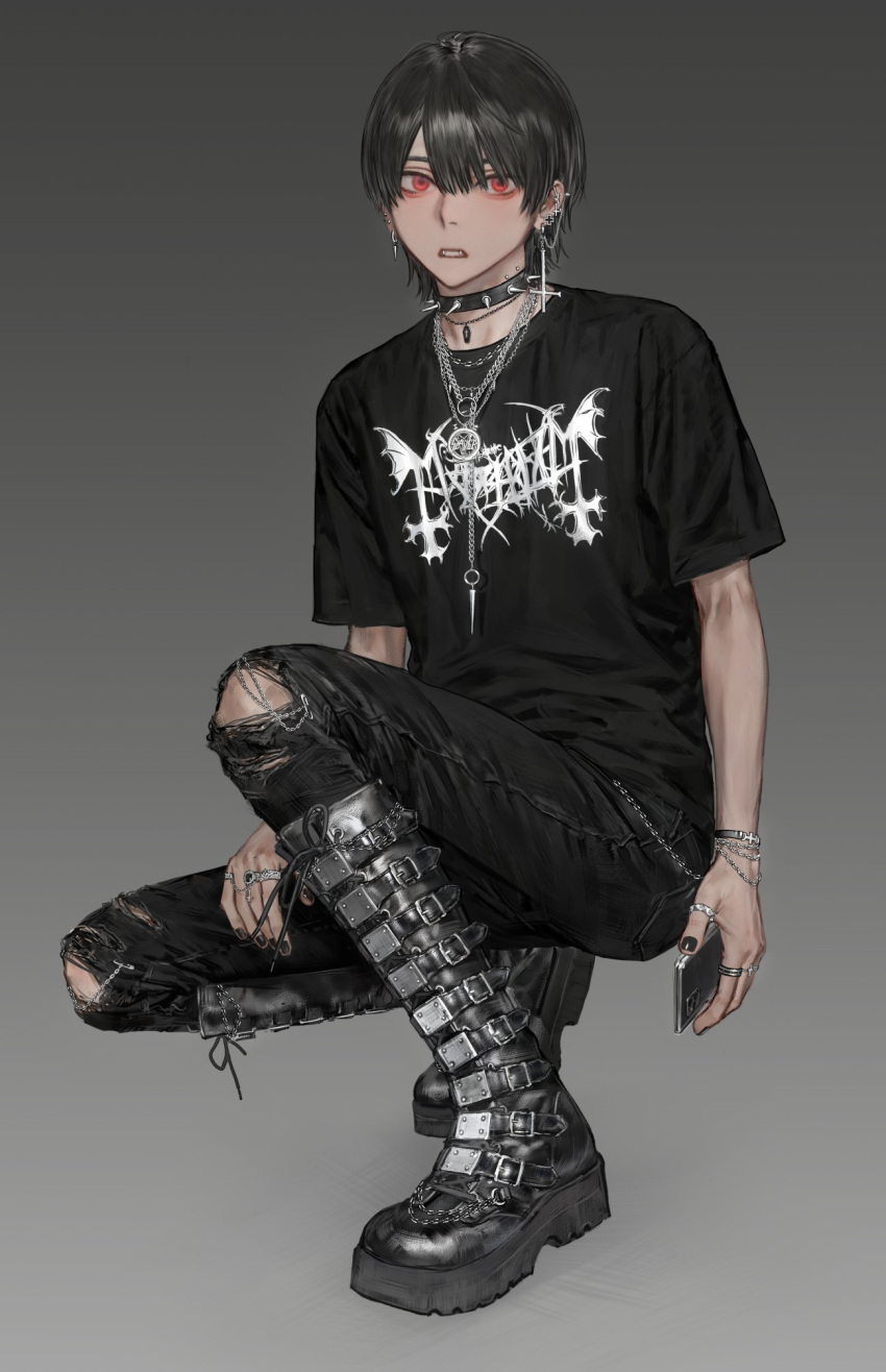 1boy belt_boots black_choker black_footwear black_hair black_nails black_pants black_shirt boots bracelet cellphone choker denim ear_piercing earrings fangs fingernails gradient gradient_background grey_background heavy_metal highres hirota_tsuu holding holding_phone jeans jewelry looking_at_viewer male_focus mayhem_(band) merchandise nail_polish necklace original pants parted_lips phone piercing red_eyes shirt short_hair short_sleeves slayer_(band) smartphone solo spiked_choker spikes squatting torn_clothes torn_pants