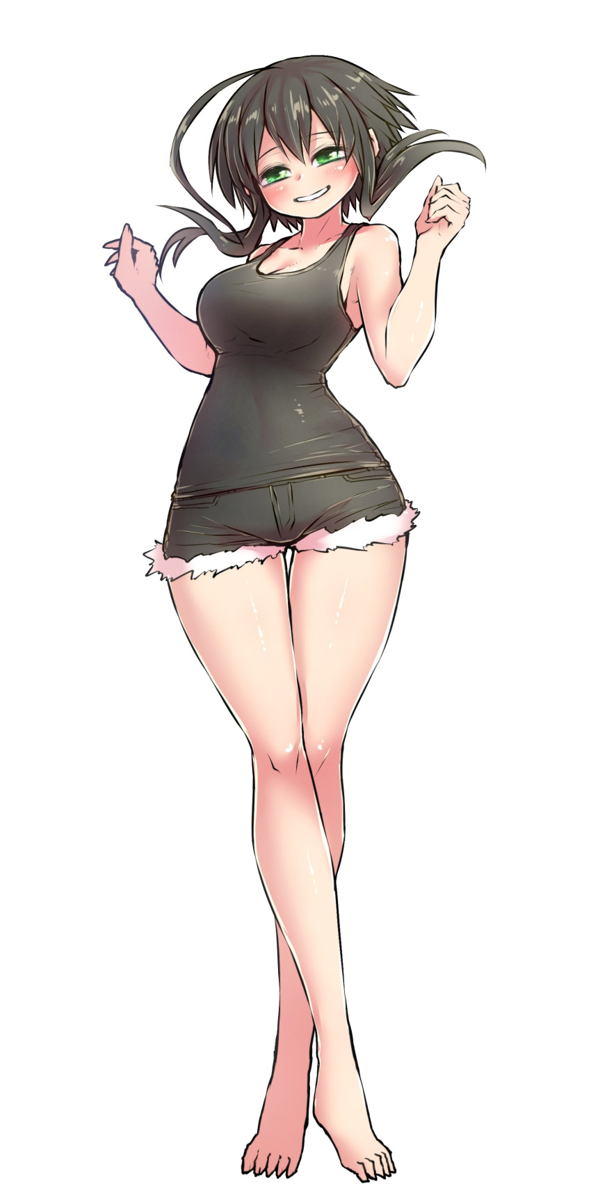 1girl absurdres ahoge black_hair black_shorts black_tank_top blush breasts denim denim_shorts feet full_body green_eyes highres huge_ahoge juugoya_(zyugoya) medium_breasts musuko_ga_kawaikute_shikatanai_mazoku_no_hahaoya nishimura_chiharu short_hair short_hair_with_long_locks shorts sidelocks smile tank_top toes white_background