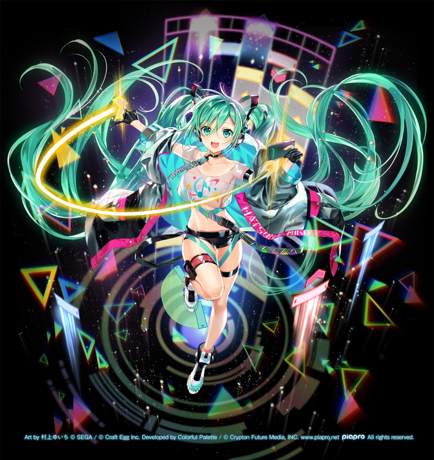 1girl :d absurdly_long_hair aqua_eyes aqua_hair armpits bandeau black_background black_choker black_gloves black_jacket black_shorts breasts choker collarbone crop_top crop_top_overhang full_body gloves half_gloves hatsune_miku headphones highres jacket leg_up long_hair looking_at_viewer medium_breasts micro_shorts midriff multiple_straps murakami_yuichi navel off_shoulder official_art open_clothes open_jacket open_mouth outstretched_arms partially_fingerless_gloves project_sekai see-through shirt shoes short_sleeves shorts simple_background smile solo stomach strap thigh_strap thighs twintails very_long_hair vocaloid