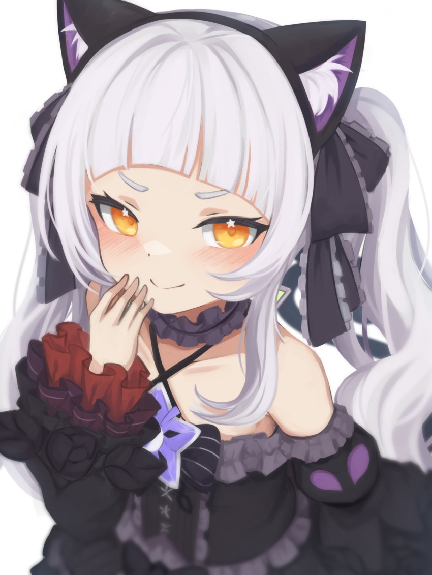 +_+ 1girl absurdres animal_ear_fluff animal_ears bangs black_ribbon blush cat_ears choker commentary_request dress frilled_choker frills gothic_lolita hair_ribbon hand_on_own_face highres hololive klaius lolita_fashion long_hair looking_at_viewer murasaki_shion ribbon sidelocks sleeveless sleeveless_dress smile solo twintails virtual_youtuber yellow_eyes