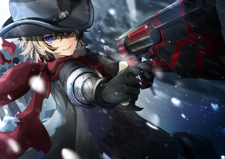 1boy aiming billy_the_kid_(fate/grand_order) black_gloves black_headwear blonde_hair coat cowboy cowboy_hat fate/grand_order fate_(series) gloves glowing glowing_weapon gun handgun hat holding holding_weapon jacket liu_liu looking_at_viewer male_focus messy_hair pistol red_scarf scarf smile snowing vest weapon western winter wrist_guards