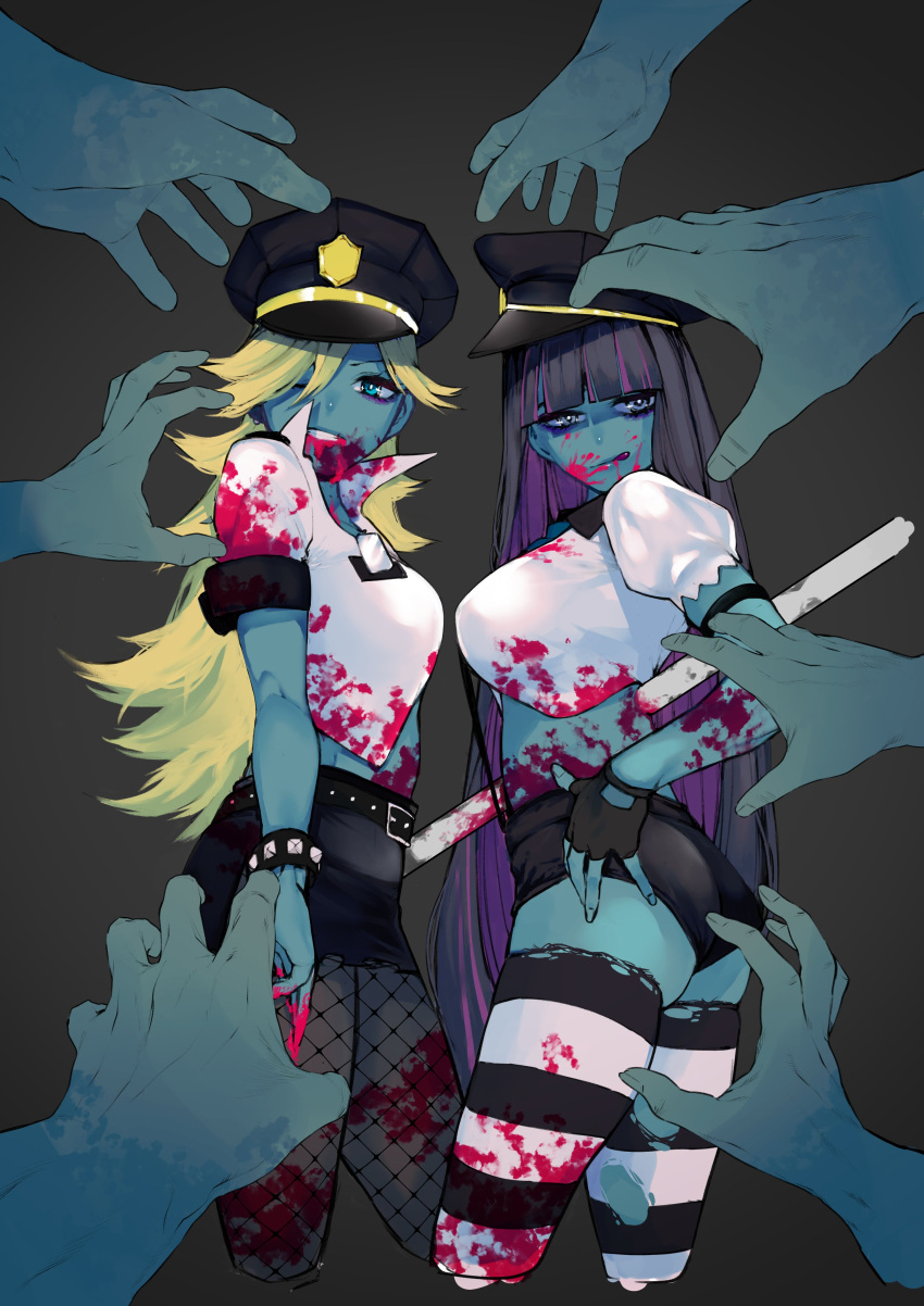 2girls absurdres aka_shiro_kiiro ass bangs black_gloves black_hair black_skirt blonde_hair blood blood_on_face bloody_clothes bloody_hands blue_eyes blunt_bangs commentary_request fingerless_gloves fishnets gloves grey_background halloween hands hat highres injury long_hair multicolored_hair multiple_girls panty_&amp;_stocking_with_garterbelt panty_(psg) police police_uniform purple_hair reaching skirt smile stocking_(psg) striped striped_legwear thigh-highs tongue tongue_out torn_clothes torn_legwear two-tone_background uniform white_background zombie
