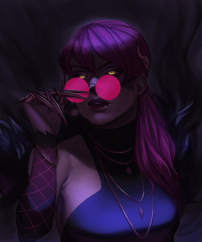 1girl absurdres claws dark demon_girl eyewear_removed glasses glowing glowing_eyes highres jewelry k/da_(league_of_legends) k/da_evelynn league_of_legends lipstick long_hair looking_at_viewer makeup necklace purple_hair solo succubus tamarussia