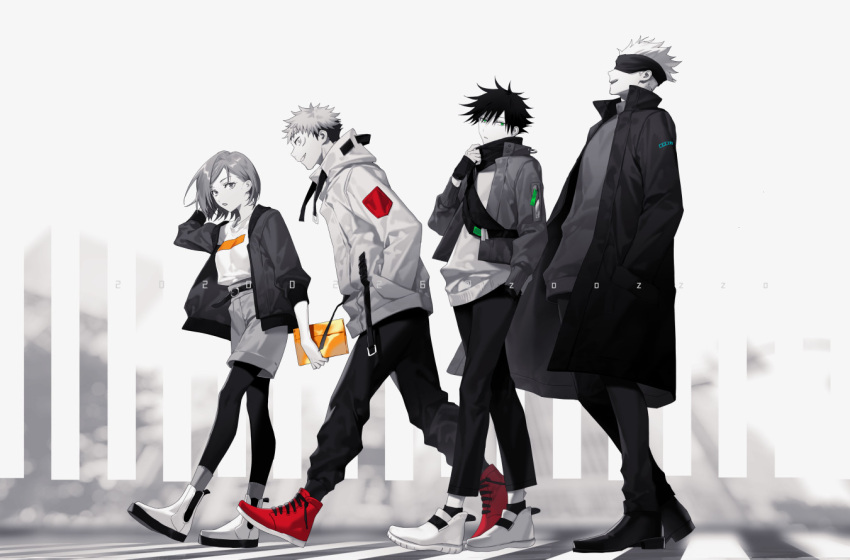 1girl 3boys arm_behind_head bag blindfold blue_eyes coat collared_jacket covered_eyes dated fingerless_gloves full_body fushiguro_megumi gloves gojou_satoru greyscale grin hand_in_pocket hand_up handbag hands_in_pockets high-waist_shorts high_collar holding holding_bag hood hood_down itadori_yuuji jacket jujutsu_kaisen kugisaki_nobara long_sleeves looking_at_viewer monochrome multiple_boys open_mouth pants pantyhose profile red_footwear scarf shirt shoes short_hair shorts sideways_glance single_glove sleeves_pushed_up smile sneakers spiky_hair spot_color standing sweater t-shirt teacher_and_student twitter_username walking wuzhiang_liufu