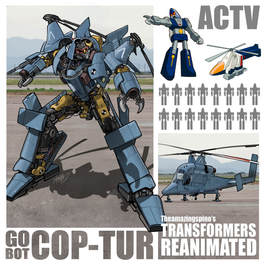 aircraft arm_cannon chain_gun character_name cop-tur english_commentary gobots helicopter highres mecha military multiple_views no_humans one-eyed open_hands orange_eyes pointing propeller red_eyes redesign silhouette theamazingspino transformers weapon