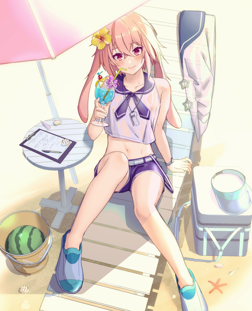 1boy animal_ears ansel_(arknights) arknights arm_support bangs beach beach_umbrella blush chair closed_mouth commentary_request crop_top crossed_bangs cup drink eyebrows_visible_through_hair food fruit hair_between_eyes highres holding holding_cup looking_at_viewer lounge_chair male_focus midriff navel otoko_no_ko pen pink_eyes pink_hair rabbit_ears sailor_collar sand school_uniform see-through shadow shell shoes shorts sitting smile solo sunlight sweat umbrella watermelon wet wet_clothes yoruhachi