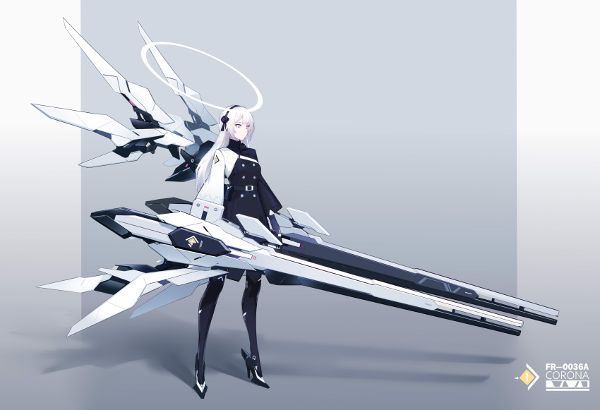 1girl absurdres asymmetrical_clothes belt cannon full_body grey_eyes hairband halo high_heels highres huge_weapon jhcrow3 long_hair mecha_musume mechanical_wings original simple_background solo standing weapon white_hair wings