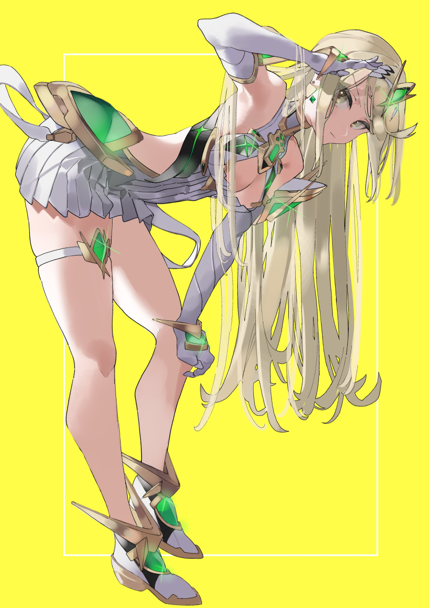 1girl absurdres adjusting_hair bent_over breasts cleavage_cutout clothing_cutout ekitabu_hosii elbow_gloves gem gloves headpiece highres long_hair looking_at_viewer medium_breasts mythra_(xenoblade) standing thigh_strap tiara xenoblade_chronicles_(series) xenoblade_chronicles_2