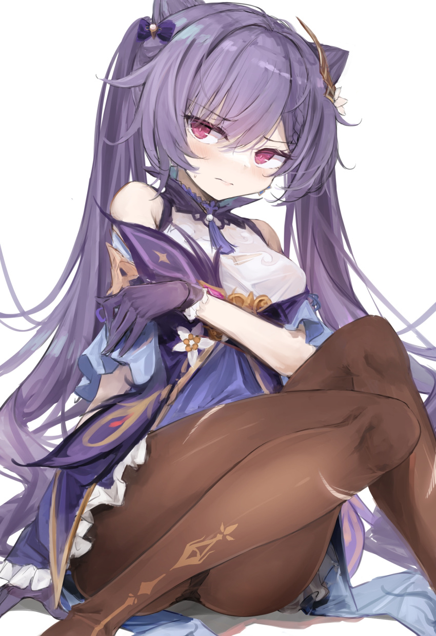 1girl 7gao bare_shoulders blush brown_legwear choker closed_mouth commentary_request double_bun dress earrings embarrassed frilled_gloves frills genshin_impact gloves hair_ears highres jewelry keqing_(genshin_impact) long_hair looking_at_viewer panties panties_under_pantyhose pantyhose purple_choker purple_dress purple_gloves purple_hair sitting solo twintails underwear very_long_hair violet_eyes white_background