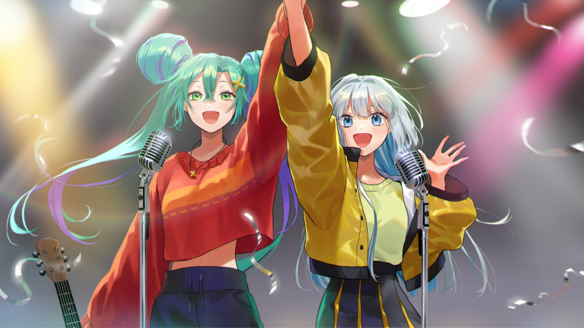 2girls absurdres alternate_costume bangs black_skirt blue_eyes breasts commission double_bun drawstring english_commentary floating_hair green_eyes green_hair guitar hair_between_eyes hair_ornament hairclip hand_up highres holding holding_instrument indie_virtual_youtuber instrument jacket jewelry long_hair looking_at_viewer medium_breasts microphone microphone_stand multiple_girls necklace open_hand open_mouth pleated_skirt pote-mm saki.exe second-party_source shinoda_kana skeb_commission skirt twintails virtual_youtuber white_hair yellow_jacket
