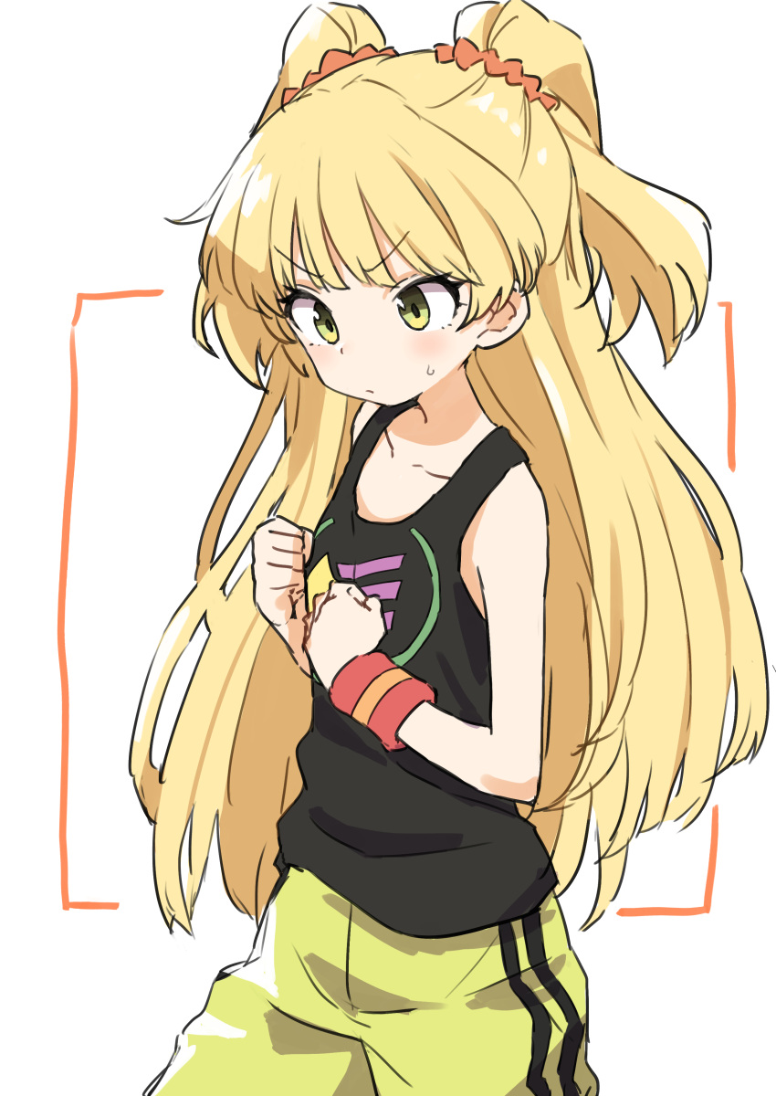 1girl absurdres bangs black_tank_top blonde_hair blush closed_mouth eyebrows_visible_through_hair gazacy_(dai) green_eyes green_shorts hair_ornament hair_scrunchie highres idolmaster idolmaster_cinderella_girls jougasaki_rika long_hair scrunchie shorts simple_background solo sweat sweatband tank_top two-tone_background two_side_up