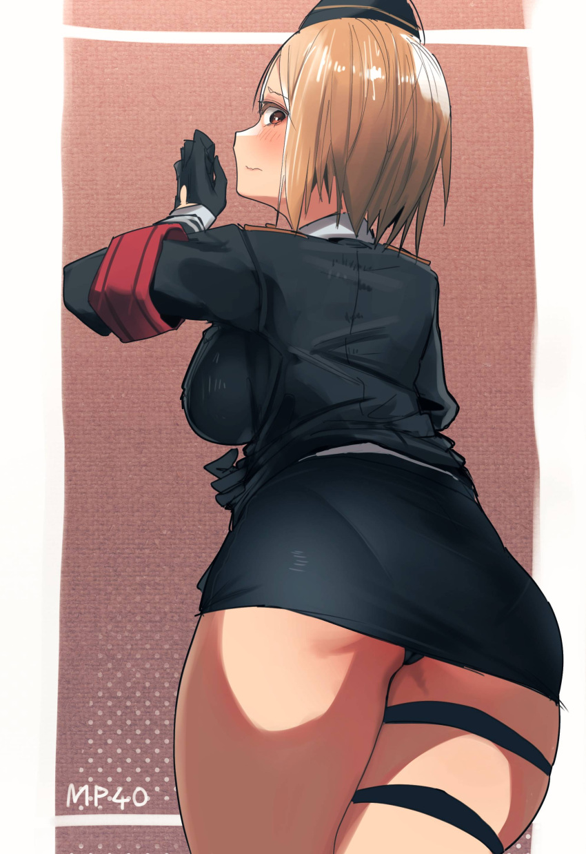 1girl absurdres akitaka_takaaki armband ass bangs black_gloves black_headwear black_panties black_skirt blonde_hair blush breasts character_name closed_mouth eyebrows_visible_through_hair from_behind girls_frontline gloves hat head_tilt highres large_breasts long_sleeves military military_uniform mp40_(girls_frontline) panties red_eyes simple_background skindentation skirt solo thigh_strap two-tone_background underwear uniform