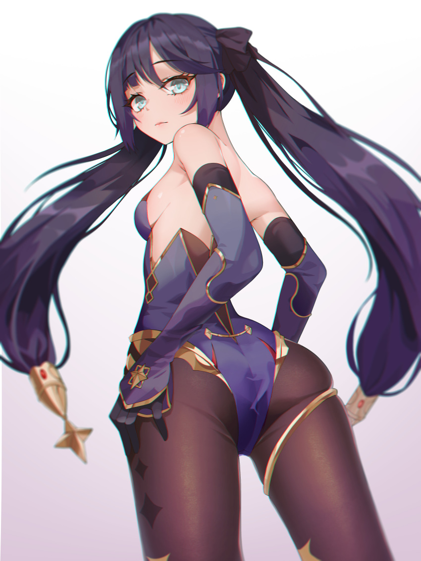 1girl absurdres aqua_eyes ass bare_shoulders black_legwear blue_leotard blush bow breasts cjw01 detached_sleeves eyelashes from_behind fur_trim genshin_impact gloves hair_bow hair_ornament highres leotard long_hair looking_at_viewer looking_back mona_(genshin_impact) pantyhose purple_hair sideboob sleeves_past_wrists small_breasts solo standing star_(symbol) star_hair_ornament twintails