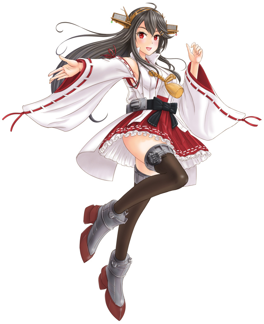 1girl bare_shoulders black_hair boots camouflage cannon dazzle_paint detached_sleeves frilled_skirt frills full_body hair_ornament hairband hairclip haruna_(kantai_collection) headgear highres japanese_clothes kantai_collection long_hair nontraditional_miko original_remodel_(kantai_collection) red_eyes red_skirt remodel_(kantai_collection) ribbon-trimmed_sleeves ribbon_trim rigging skirt skypixter solo thigh-highs thigh_boots turret wide_sleeves