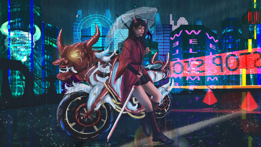 1girl backwards_text bare_legs black_footwear black_hair boots building city city_lights cityscape cross-laced_footwear cyberpunk english_text ground_vehicle holding holding_umbrella horns japanese_clothes kimono knee_boots lace-up_boots lefthandchi long_hair motor_vehicle motorcycle night night_sky obi oni oni_horns original rain red_kimono sash scenery sky skyline skyscraper solo sword tagme transparent transparent_umbrella umbrella water_drop weapon