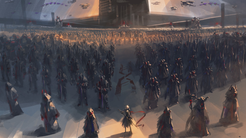 1girl 6+others absurdres arknights army city cityscape cloak demon_horns drone dusk greatsword highres holding holding_weapon hood hooded_cloak horns lonely_(1878056661) long_sword mask multiple_others reunion_logo_(arknights) reunion_soldier_(arknights) scenery staff talulah_(arknights) weapon