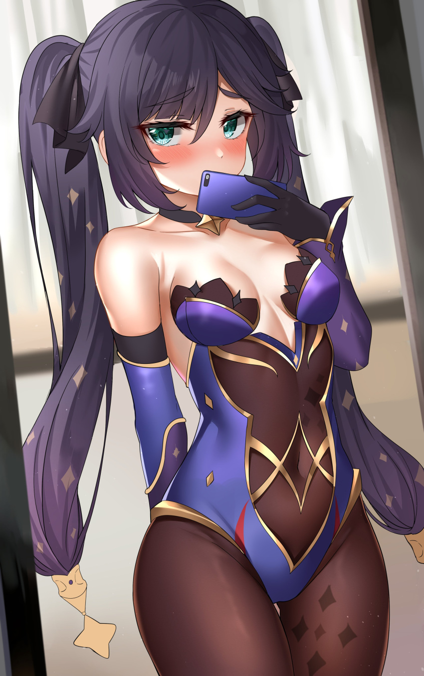 1girl absurdres aqua_eyes arm_behind_back bare_shoulders black_choker black_gloves black_hair blue_leotard blush breasts brown_legwear cellphone choker collarbone covered_navel covering_mouth cowboy_shot detached_sleeves embarrassed genshin_impact gloves gold_trim groin hair_ornament hand_up highres holding holding_phone leotard long_hair long_sleeves looking_at_viewer mirror mona_(genshin_impact) no_hat no_headwear pantyhose phone reflection self_shot sidelocks small_breasts smartphone solo standing strapless strapless_leotard sunhyun thigh_gap twintails very_long_hair