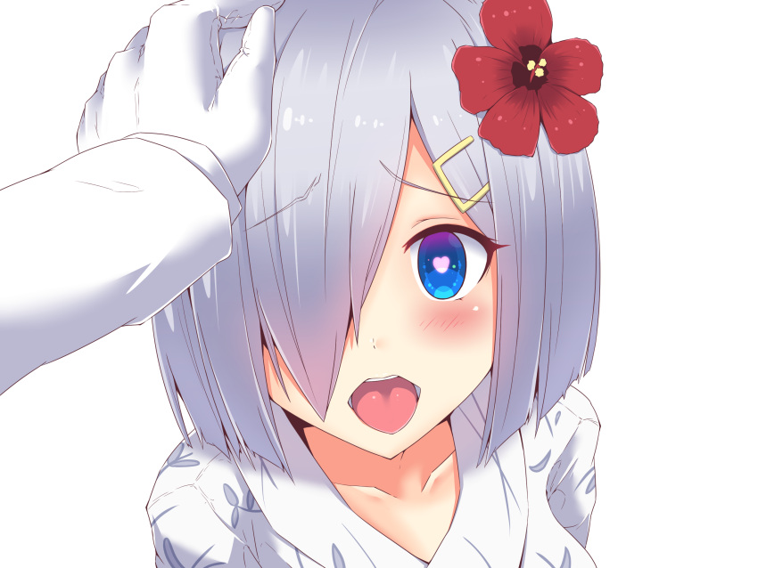 1boy 1girl admiral_(kantai_collection) bangs blush commentary_request eyebrows_visible_through_hair flower hair_ornament hamakaze_(kantai_collection) hand_on_head heart heart-shaped_pupils hibiscus highres kantai_collection koumei_(twinameless) looking_at_viewer one_eye_covered open_mouth petting short_hair silver_hair symbol-shaped_pupils