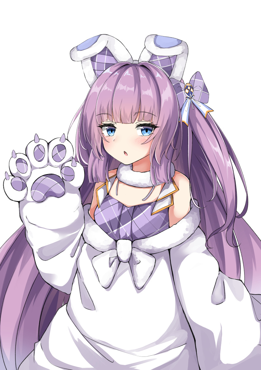 1girl absurdres animal_ears azur_lane bare_shoulders blue_eyes blush bow dress fake_animal_ears gloves hair_bow hand_up highres jacket long_hair looking_at_viewer moyoron off_shoulder parted_lips paw_gloves paws plaid plaid_bow plaid_dress purple_bow purple_dress purple_hair simple_background sleeveless sleeveless_dress solo tashkent_(azur_lane) upper_body very_long_hair white_background white_gloves white_jacket