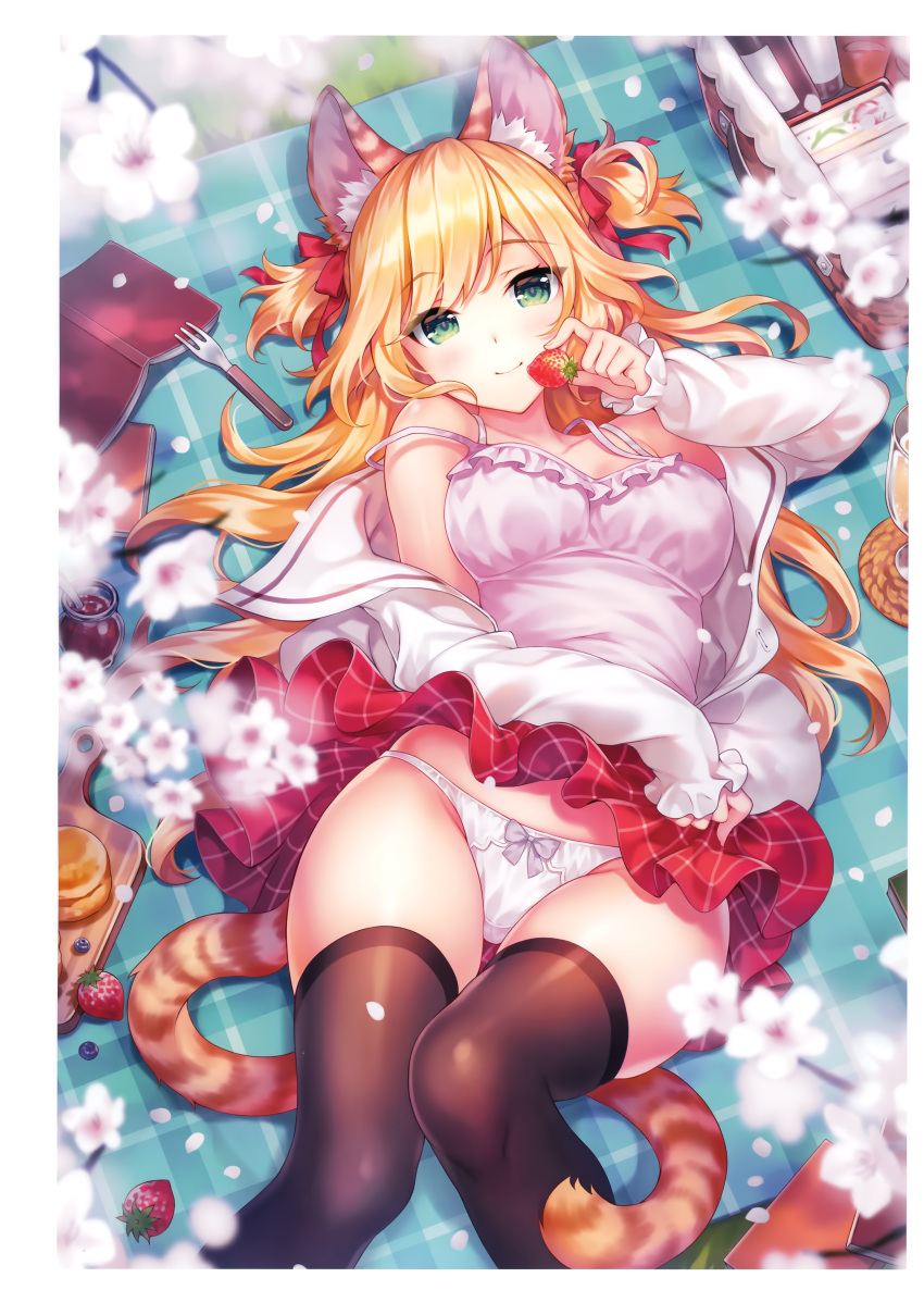 absurdres animal_ears black_legwear blonde_hair blurry blurry_foreground bow bow_panties breasts camisole cat_ears cat_tail cherry_blossoms closed_mouth depth_of_field eyebrows_visible_through_hair food fork fruit green_eyes hair_ribbon highres long_hair long_sleeves lying medium_breasts melonbooks on_back original outdoors panties picnic picnic_basket ribbon riv scan skirt skirt_lift sleeves_past_wrists smile strap_slip strawberry tail thigh-highs two_side_up underwear white_panties